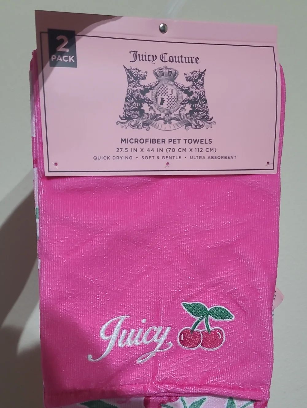 Juicy Couture Hot Pink Microfiber Towel with Cherry Embroidery